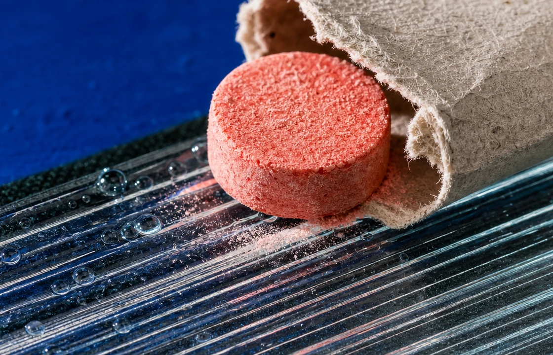 Närbild av den fiktiva koralltabletten på vattendroppar och ribbat glas